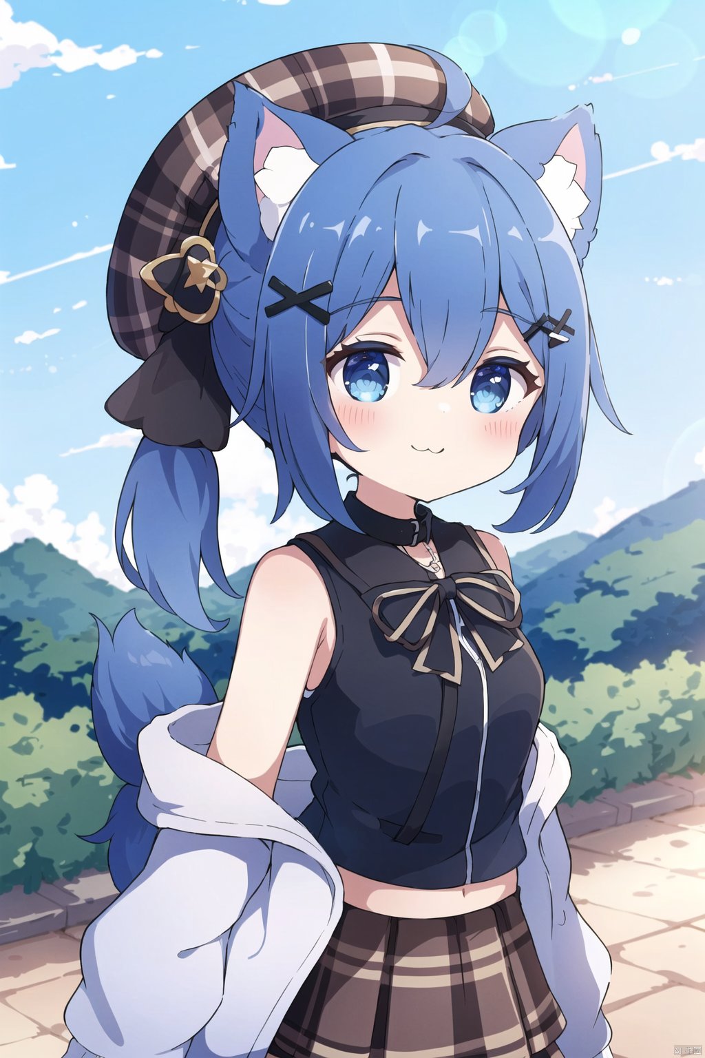 1girl, solo, animal ears, outdoors, blue hair, blue eyes, tail, skirt, day, hair ornament, off shoulder, dog ears, sleeveless, smile, jacket, long sleeves, x hair ornament, hat, plaid skirt, shirt, black shirt, open jacket, plaid, brown skirt, sky, brown headwear, closed mouth, dog tail, sleeveless shirt, black jacket, long hair, open clothes, ahoge, puffy long sleeves, beret, bow, bare shoulders, bangs, looking at viewer, hairclip, dog girl, blue sky, hair between eyes, side ponytail, blush, cloud, puffy sleeves