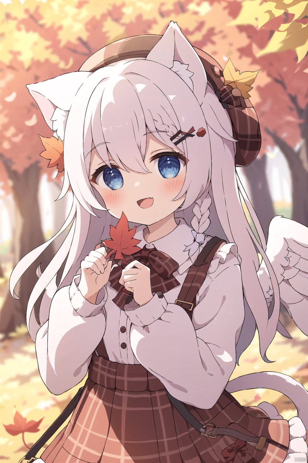  1girl, solo, animal ears, tail, wings, cat tail, cat ears, hat, holding leaf, virtual youtuber, smile, leaf, beret, autumn leaves, long sleeves, blue eyes, long hair, braid, holding, outdoors, cat girl, bag, x hair ornament, good shade, frills, dress, :d, animal ear fluff, plaid, looking at viewer, shoulder bag, maple leaf, plaid dress, bangs, tail ornament, hair ornament, frilled dress, autumn, puffy long sleeves, white hair, blurry background, feathered wings, white wings, hair between eyes, open mouth, shirt, blurry