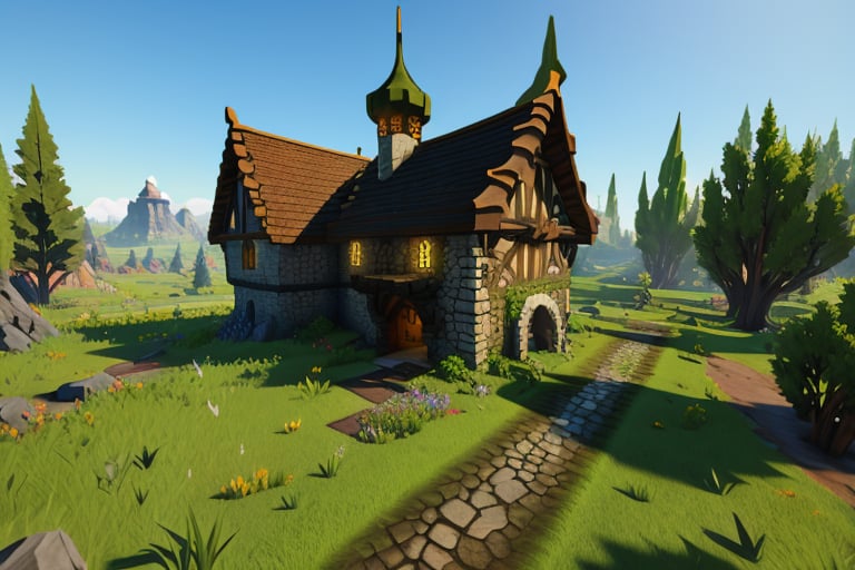 medieval house, fantasy house,angeldust style, angeldust_style, angeldust landscape, screenshot, grass,down to top