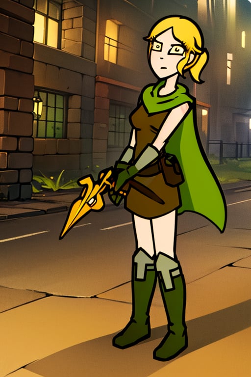 woman, Angeldust_Scout, boots, gloves, solo, green cape, green gloves, angeldust_scout, full body, soft smile, brown dress, closed mouth, yellow eyes, blonde hair, point tail, Angeldust_Scout
woman, , Portrait, ((yellow eyes)), ((yellow iris)), 
outdoors, medieval city background, old buildings, complex_background, detailed background, ,angeldust style,Scout, angeldust_style,Angeldust Scout,