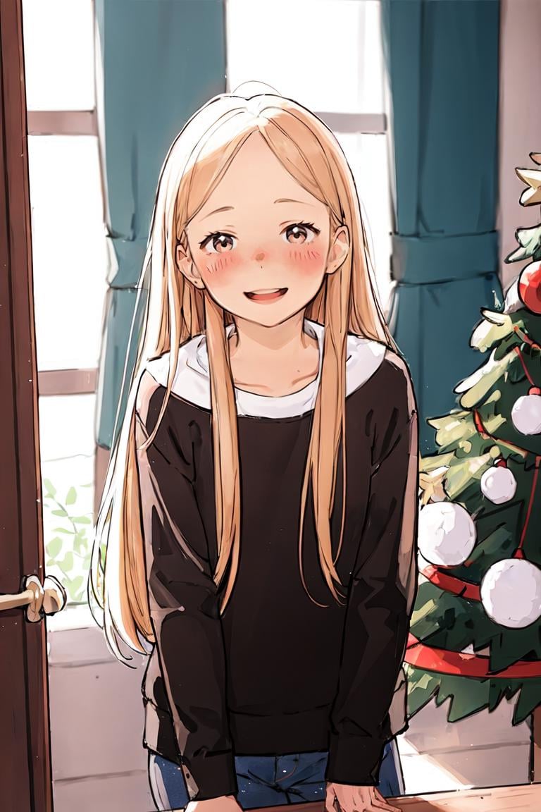 girl,blush,at home,opened eyes,smile,christmass tree,long hair,blond hair,luimi,<lora:luimi:0.8>