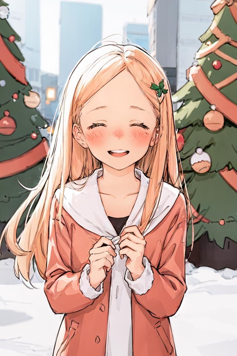 girl,blush,outdoors,opened eyes,smile,christmass tree,long hair,blond hair,luimi,<lora:luimi:0.8>