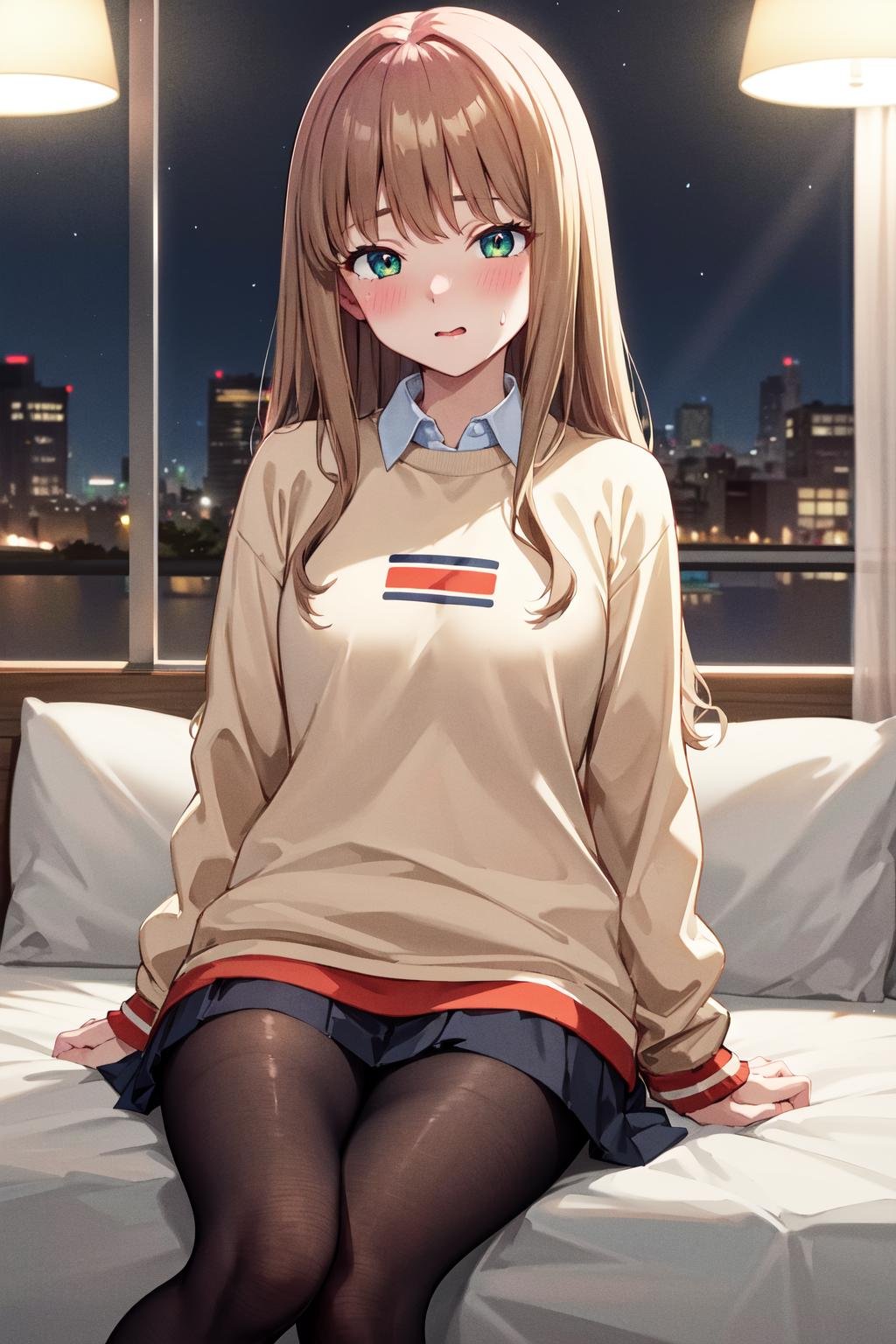 masterpiece,best quality,highres,ultra-detailed,aayume,long hair,bangs,school uniform,long sleeves,(sweater:1.2),beige sweater,collared shirt,pleated skirt,black skirt,black pantyhose,<lora:minami_yume:0.8>,indoors,sitting,bed,blush,(embarrass:1.2),night,