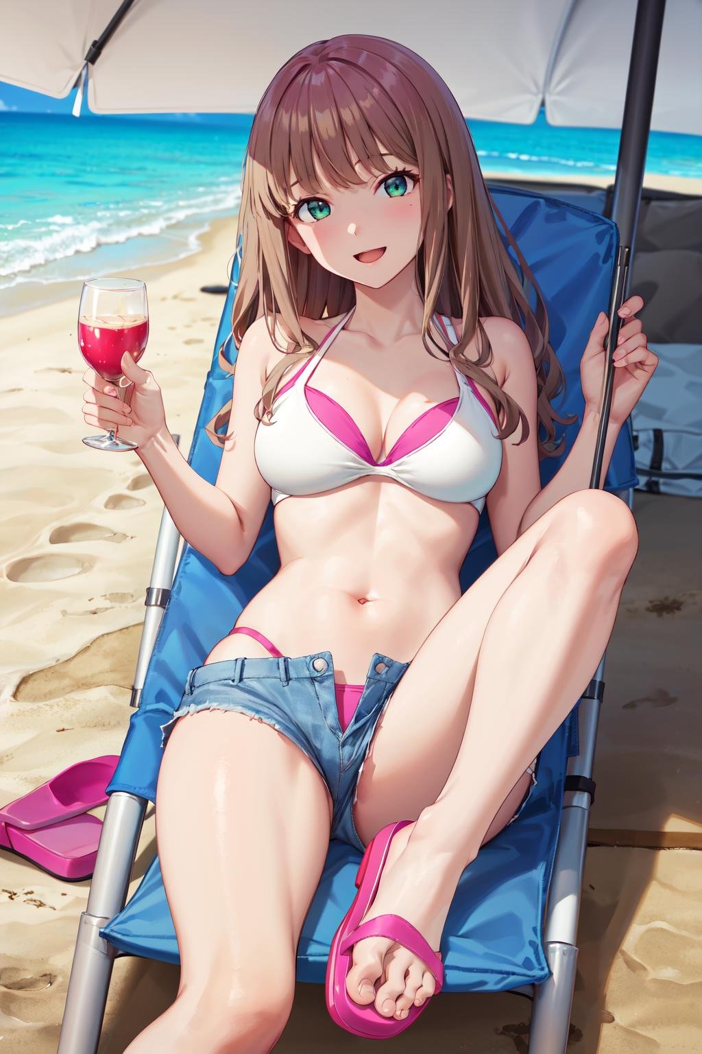 masterpiece,best quality,highres,ultra-detailed,ccyume,long hair,bangs,bare shoulders,swimsuit,pink bikini,white bikini,bikini under clothes,short shorts,denim shorts,blue shorts,sandals,pink footwear,<lora:minami_yume:0.8>,beach,beach umbrella,beach chair,on back,:d,sideways_glance,cup,holding cup,