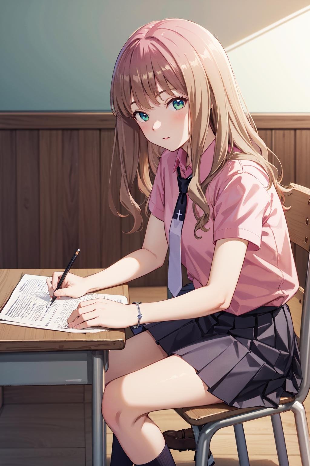 masterpiece,best quality,highres,ultra-detailed,bbyume,long hair,school uniform,necktie,collared shirt,pink shirt,short sleeves,bracelet,pleated skirt,black skirt,socks,black socks,loafers,brown footwear,<lora:minami_yume:0.8>,indoors,sitting,desk,chair,classroom,(studying:1.4),from_side,