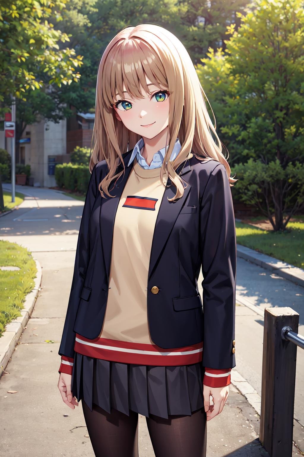 masterpiece,best quality,highres,ultra-detailed,aayume,long hair,bangs,school uniform,blazer,black jacket,long sleeves,sweater,beige sweater,collared shirt,pleated skirt,black skirt,black pantyhose,loafers,<lora:minami_yume:0.8>,outdoors,standing,cowboy shot,smile,