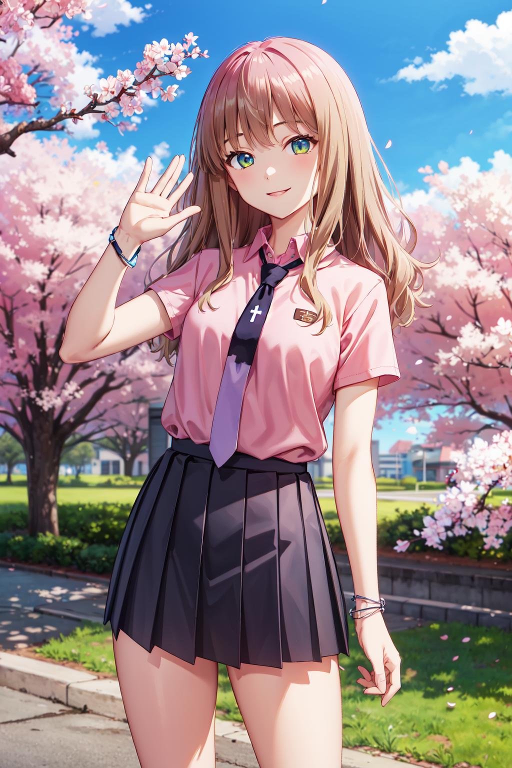 masterpiece,best quality,highres,ultra-detailed,bbyume,long hair,school uniform,necktie,collared shirt,pink shirt,short sleeves,bracelet,pleated skirt,black skirt,socks,black socks,loafers,brown footwear,<lora:minami_yume:0.8>,outdoors,cherry blossoms,standing,cowboy shot,smile,waving, 