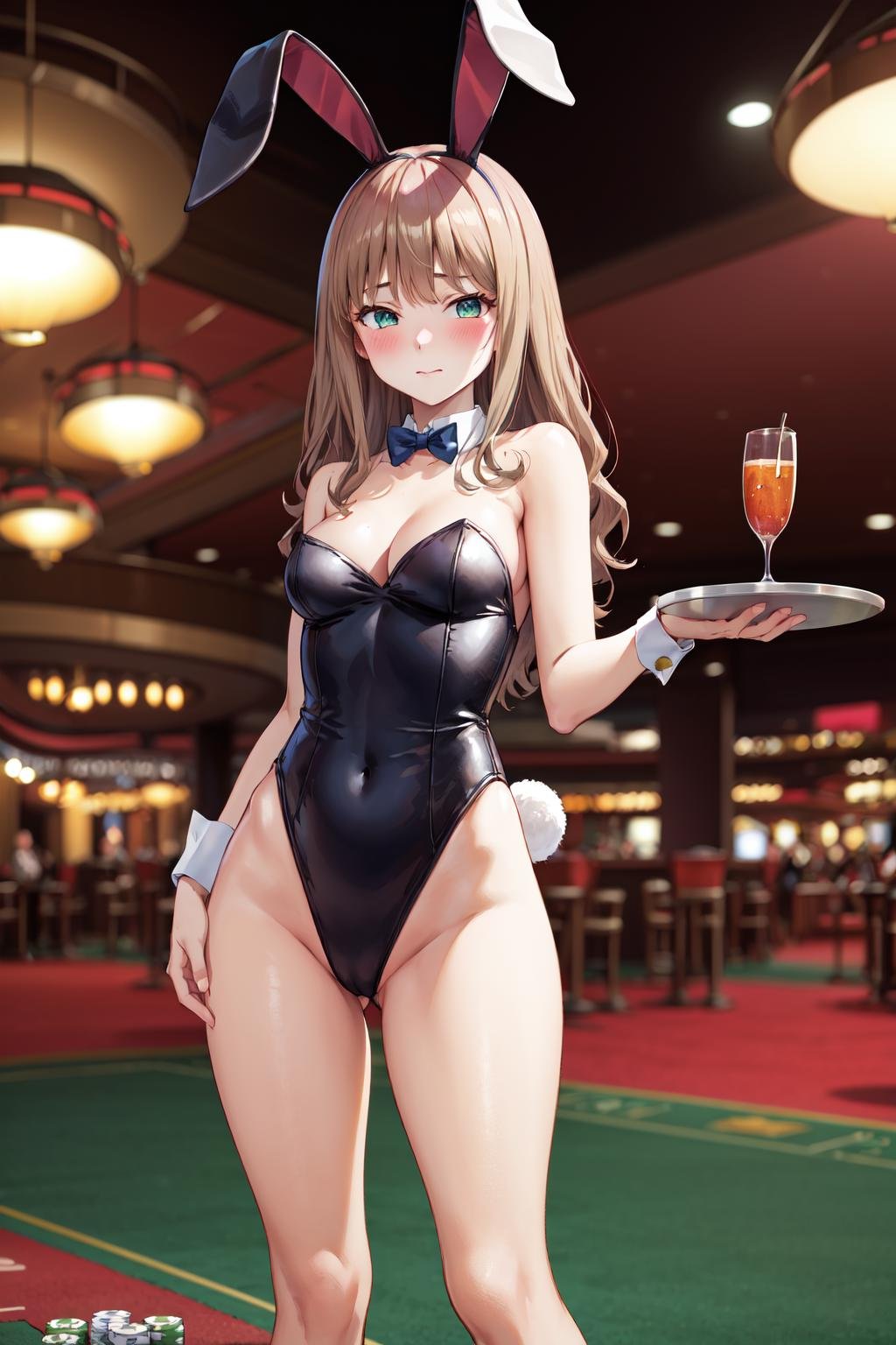 masterpiece,best quality,highres,ultra-detailed,aayume,long hair,bangs,<lora:minami_yume:0.8>,rabbit ears,playboy bunny,casino,holding tray,embarrassed,blush,standing,