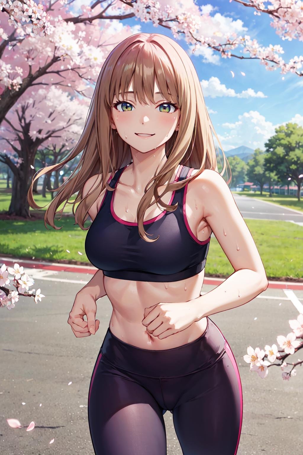 masterpiece,best quality,highres,ultra-detailed,aayume,long hair,bangs,<lora:minami_yume:0.8>,sports bra,(leggings:1.2),outdoors,cherry blossoms,smile,sweat,running,