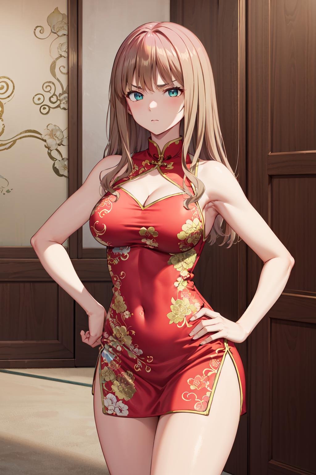 masterpiece,best quality,highres,ultra-detailed,aayume,long hair,bangs,<lora:minami_yume:0.8>,bare shoulders,china dress,chinese clothes,short dress,cleavage cutout,sideboob,thighs,hands_on_hips,(furrowed_brow:1.2),indoors,