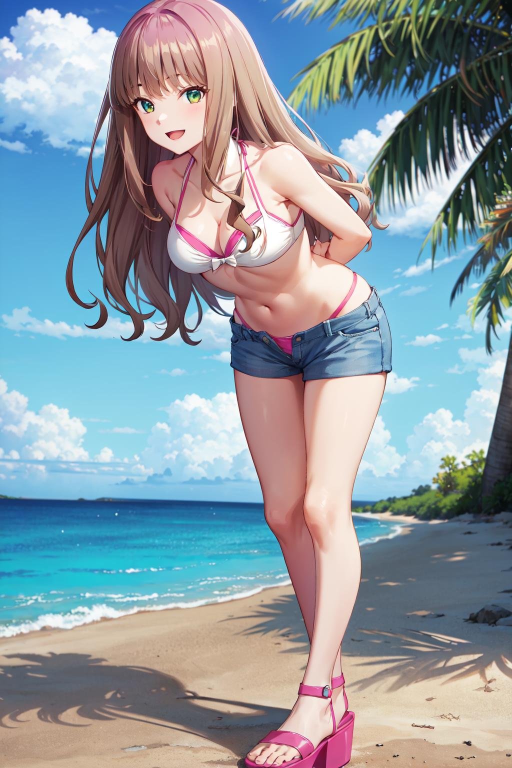 masterpiece,best quality,highres,ultra-detailed,ccyume,long hair,bangs,bare shoulders,swimsuit,pink bikini,white bikini,bikini under clothes,short shorts,denim shorts,blue shorts,sandals,pink footwear,<lora:minami_yume:0.8>,standing,ocean,:d,leaning_forward,arms_behind_back,