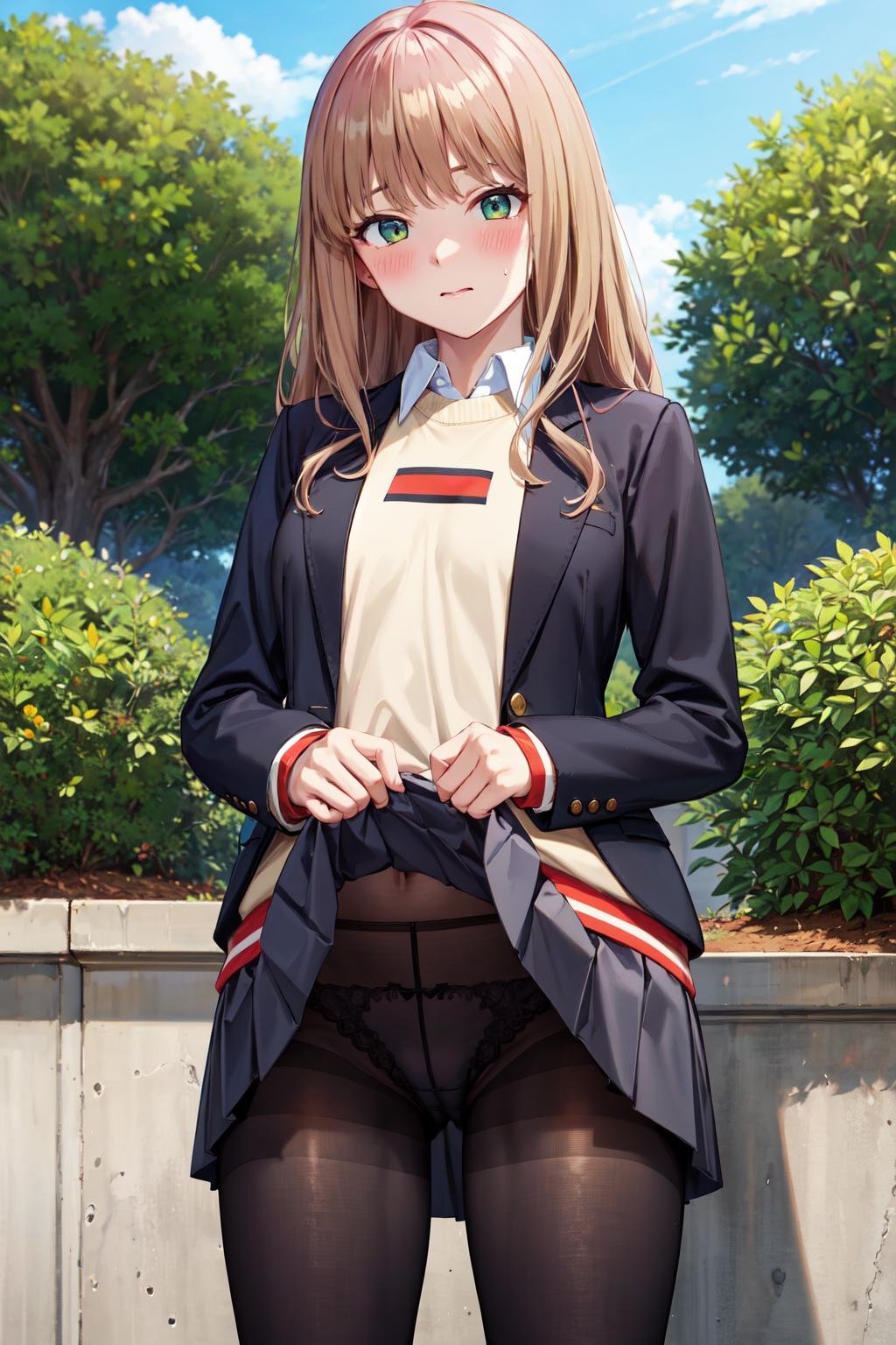 masterpiece,best quality,highres,ultra-detailed,aayume,long hair,bangs,school uniform,blazer,black jacket,long sleeves,sweater,beige sweater,collared shirt,pleated skirt,black skirt,black pantyhose,loafers,<lora:minami_yume:0.8>,(skirt lift:1.4),(pants over pantyhose:1.2),(blush:1.2),(embarrass:1.4),outdoors,garden,lace-trimmed panties,