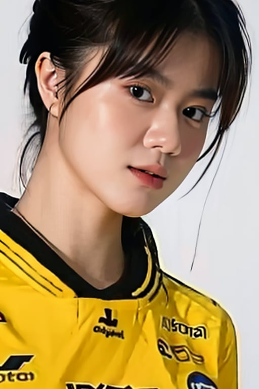 portrait of a beautiful 18 year old girl, wearing a yellow jersey, white background, picture taken using a 150 mm Canon lens