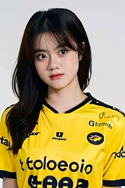 portrait of a beautiful 18 year old girl, wearing a yellow jersey, white background, picture taken using a 150 mm Canon lens