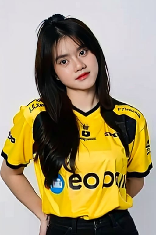 portrait of a beautiful 18 year old girl, wearing a yellow jersey, white background, picture taken using a 150 mm Canon lens