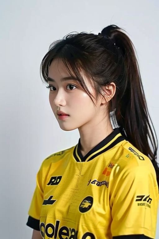 portrait of a beautiful 18 year old girl, wearing a yellow jersey, white background, picture taken using a 150 mm Canon lens