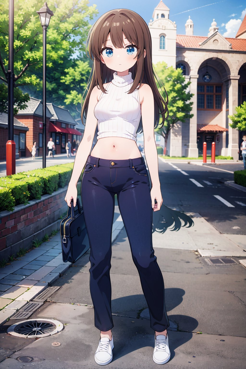 solo, adult, long hair, brown hair, blue eyes, small breasts, full_body, masterpiece, best quality, absurdres, outdoors, turtleneck, tank_top, no_sleeves, green_topwear, exposed_stomach, oversized_pants