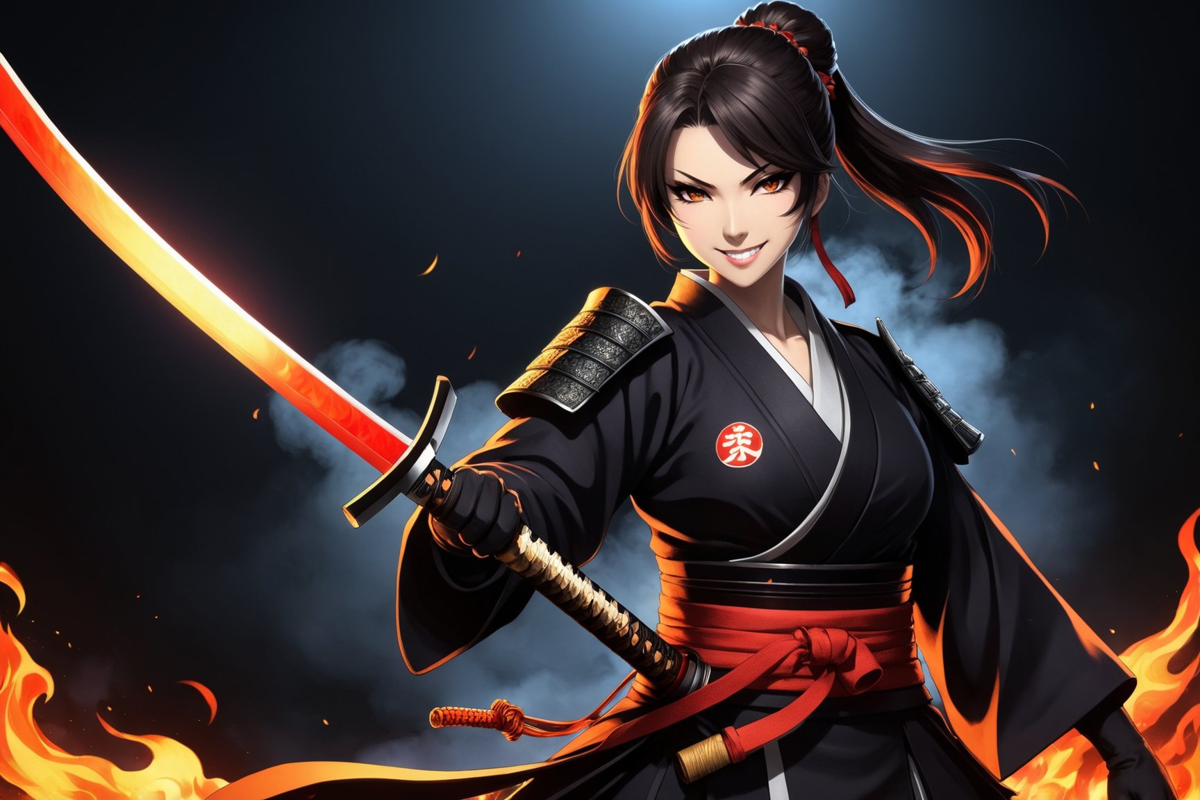 an anime female samurai, with a flaming katana, evil smile, sadistic, grim