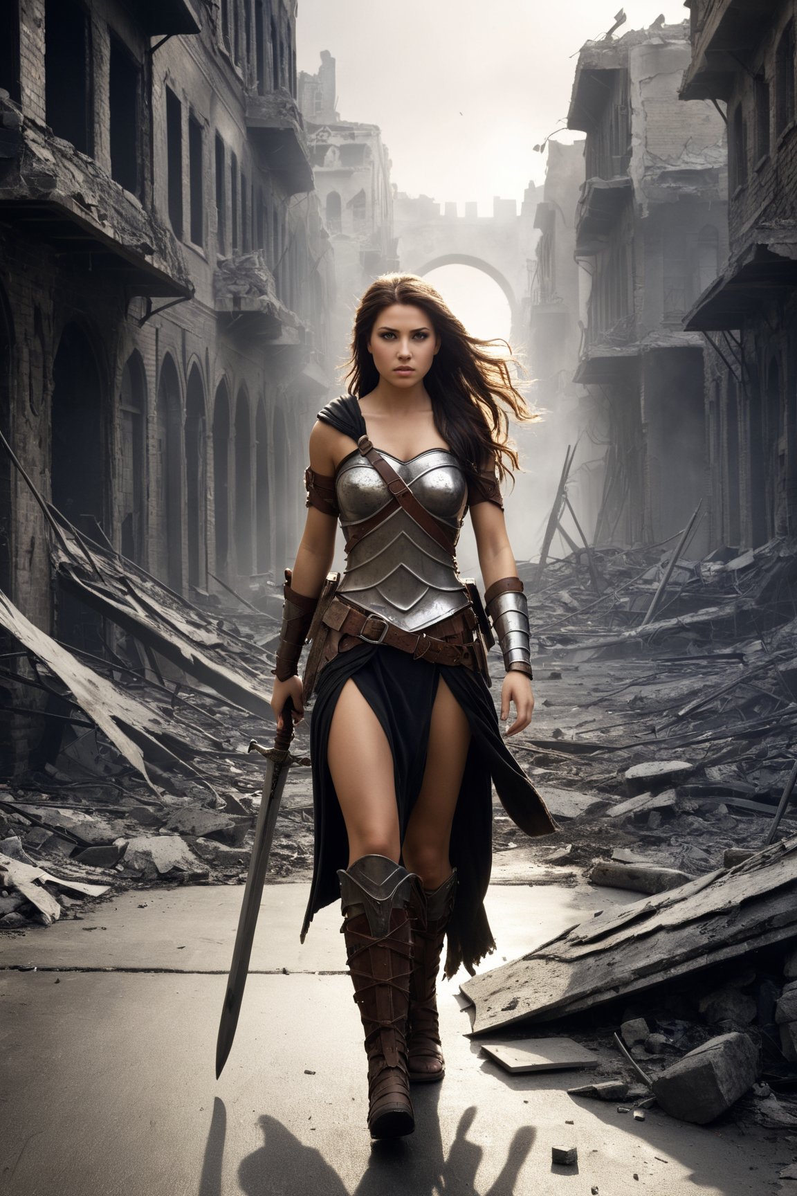 A warrior princess walking through war torned city