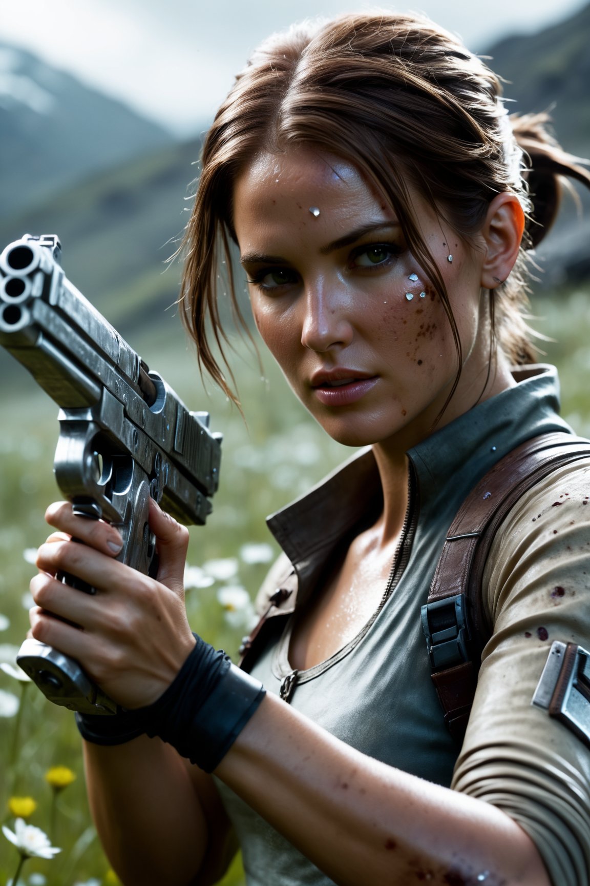 Super Closeup Portrait, action shot, Profoundly dark whitish meadow, glass flowers, Stains, space grunge style, Lara Croft adjusting her attires for adventure, Wielding a silver gun, Sci-fi vibe, dirty, noisy, Vintage monk style, very detailed, hd