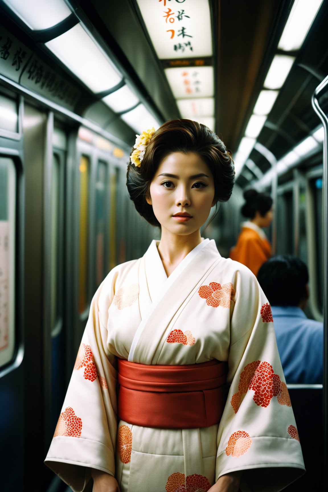 cinematic film still of Kodak Motion Picture Film: (Sharp Detailed Image) An Oscar winning movie for Best Cinematography a woman in a kimono  standing on a subway train in Japan Kodak Motion Picture Film Style,  shallow depth of field, vignette, highly detailed, high budget, bokeh, cinemascope, moody, epic, gorgeous, film grain, grainy