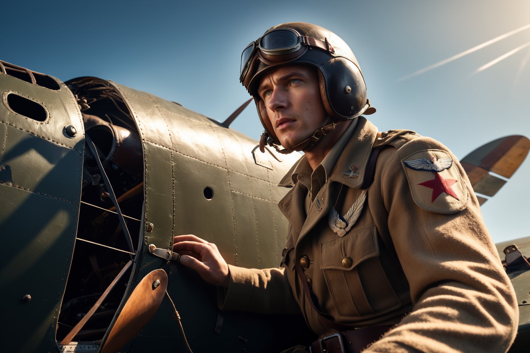 RAW Photo, A WW2 pilot desperately trying to control his damaged plane, photorealistic, skin imperfections, intricate textures, hard shadows, cinematic shot, dramatic lighting, ray tracing, soft lighting, 8k uhd, dslr, high quality, film grain, sharp focus, Fujifilm XT3