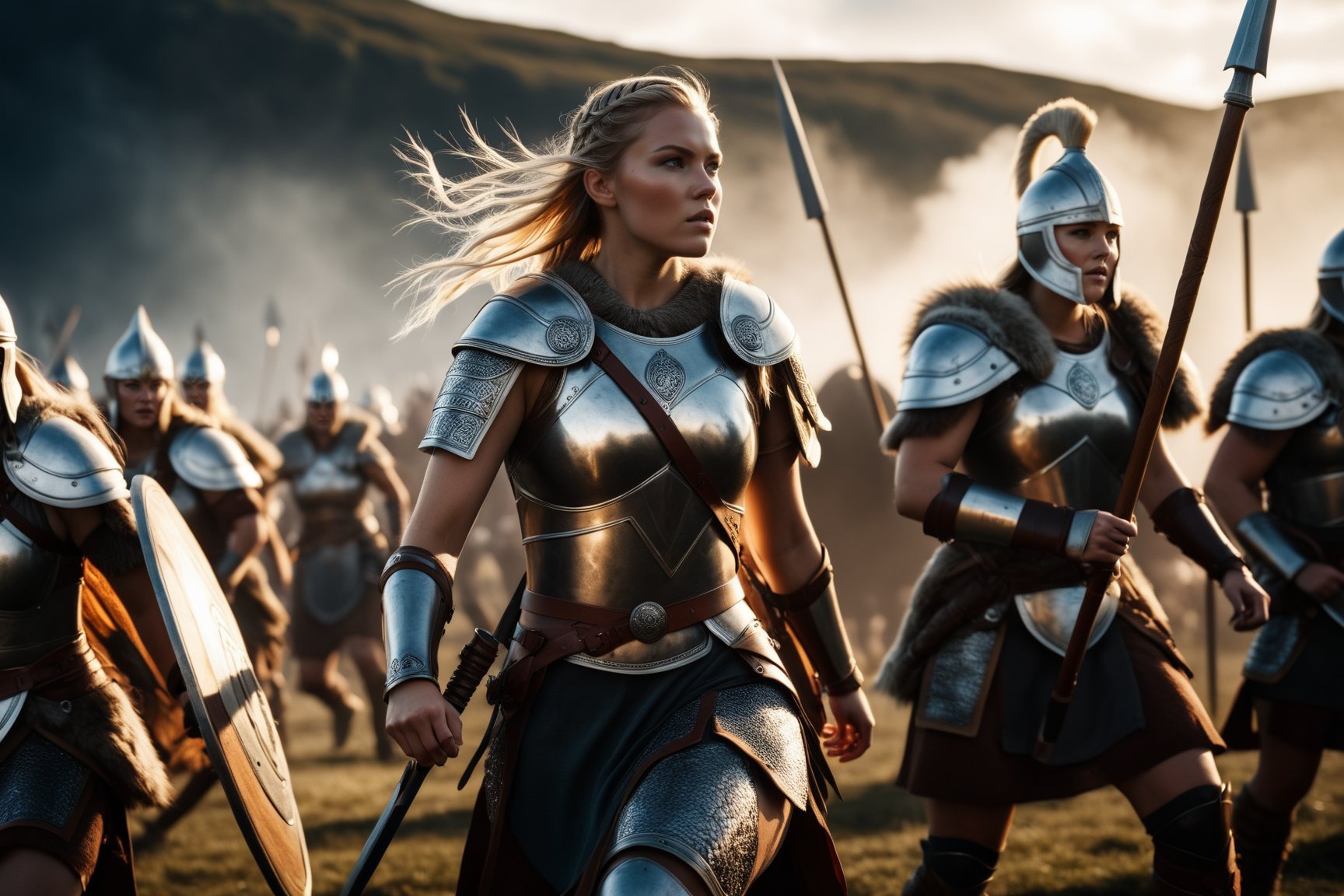 RAW Photo, An ancient norse warrior princess leading her troops fighting huge monsters on the battlefield, tense situation, photorealistic, skin imperfections, intricate textures, hard shadows, cinematic shot, dramatic lighting, ray tracing, soft lighting, 8k uhd, dslr, high quality, film grain, sharp focus, Fujifilm XT3