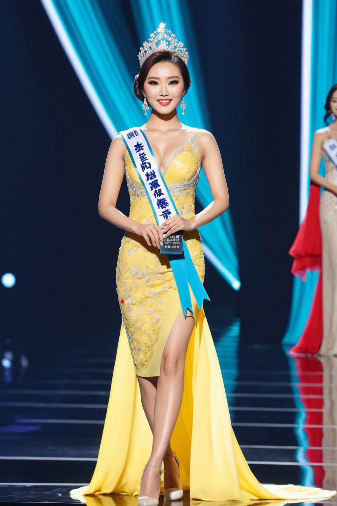 The most beautiful chinese woman as beauty pageant winner walking on the stage