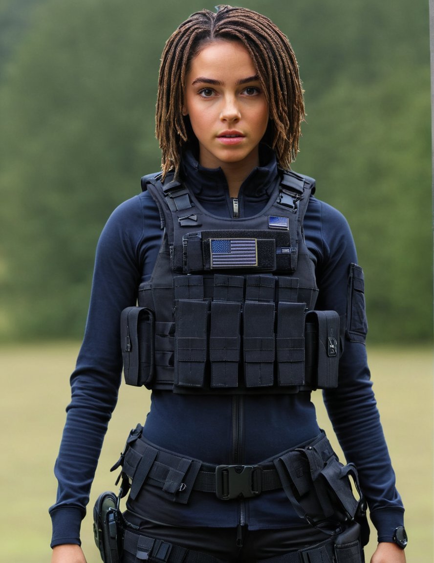 1girl, solo, black tacticalgear, bulletproof vest, looking_at_viewer, 4k, high-res, masterpiece, best quality