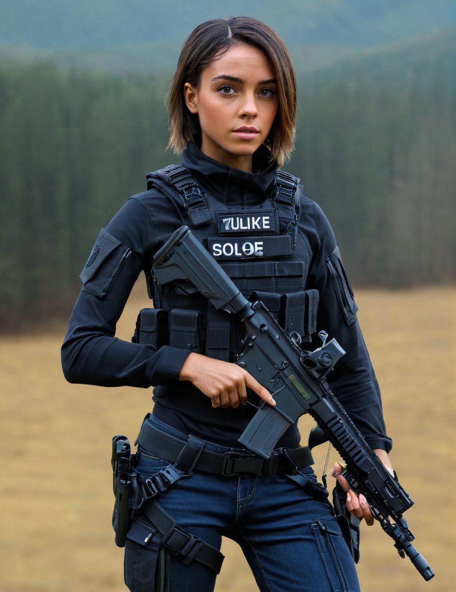 1girl, solo, black tacticalgear, bulletproof vest, looking_at_viewer, 4k, high-res, masterpiece, best quality