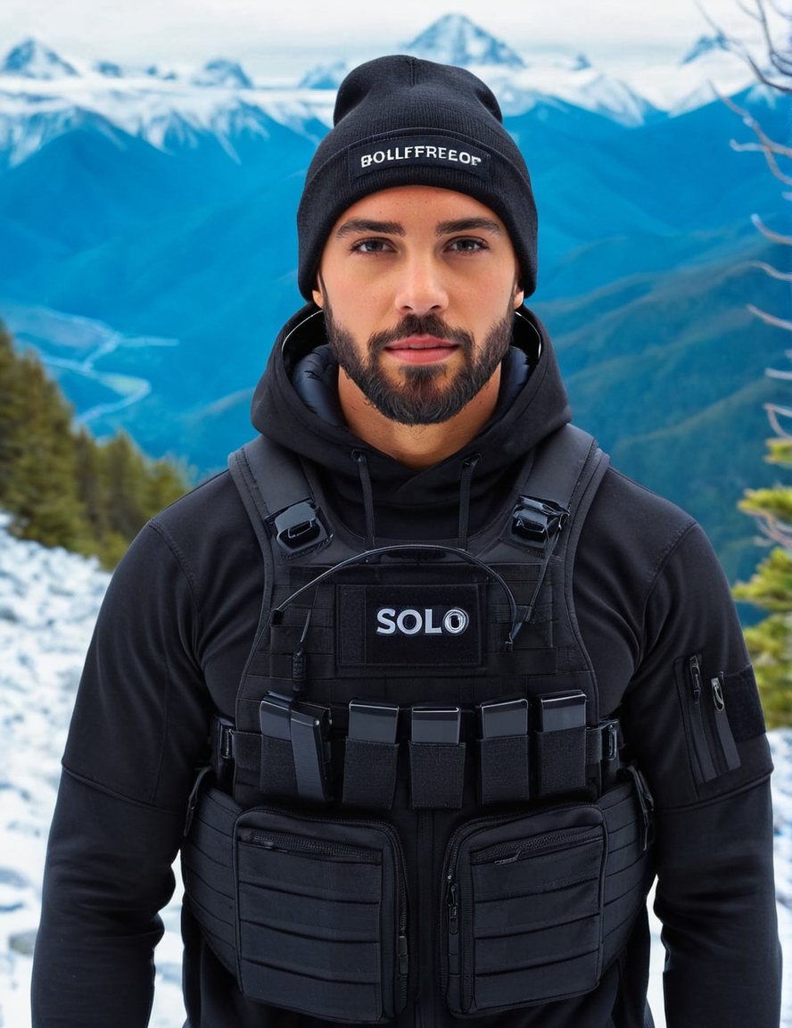 1man, solo, black tacticalgear, bulletproof vest, looking_at_viewer, wearing a black beanie with headphones, on a snowy mountain, 4k, high-res, masterpiece, best quality
