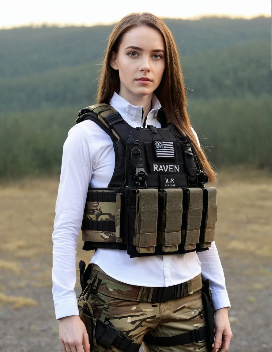 1girl, pale skin, brown long hair, solo, camo tacticalgear, bulletproof vest, black plate carrier that says "RAVEN", looking_at_viewer, 4k, high-res, masterpiece, best quality