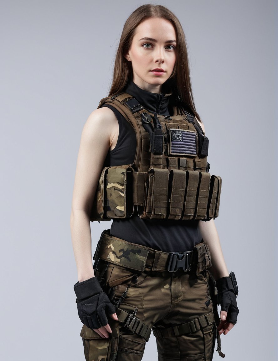 1girl, pale skin, brown long hair, solo, camo tacticalgear, bulletproof vest, black plate carrier that says "RAVEN", looking_at_viewer, 4k, high-res, masterpiece, best quality