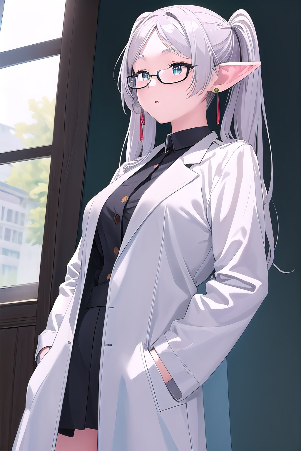 masterpiece, best quality, ultra-high-detailed, 1girl, lab coat,  hands in pockets, glasses, Frieren, twintails, earrings