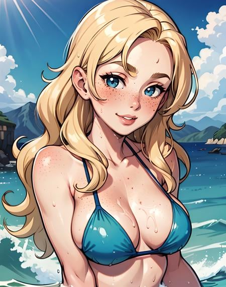 (masterpiece, best quality), 1girl, upper body,  ocean, blonde, freckles, blush, looking at viewer, wavy hair, long hair, cloud, splashing, waves, sun, mountain, wet, happy, bikini,   skindentation, adjusting clothes, neck