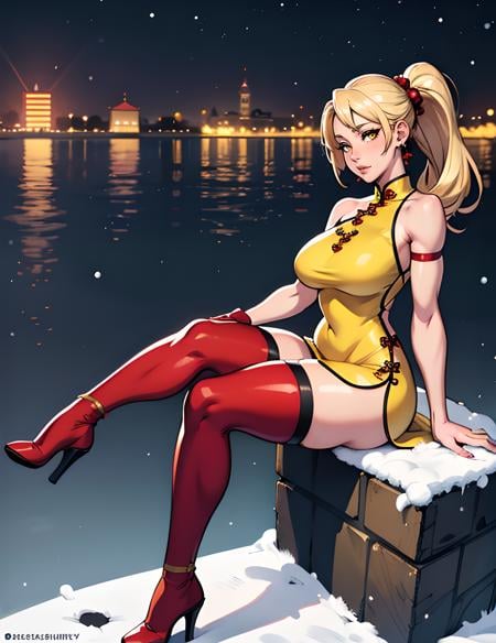 "anime girl,  1 person,  bright blonde hair,  shoulder length hair,  pony tail,  yellow eyes,  Santa hat,  Santa tube costume,  (yellow dress),  big breasts,  discreet,  stockings,  dynamic pose,  hands behind back,  sitting,  photoshoot,  Christmas,  snowfall,  solo,  front view,  (full HD 4K+ photo)", semirealistic, midjourney, 1 girl,  earrings, Chinese style, yoimiyadef,