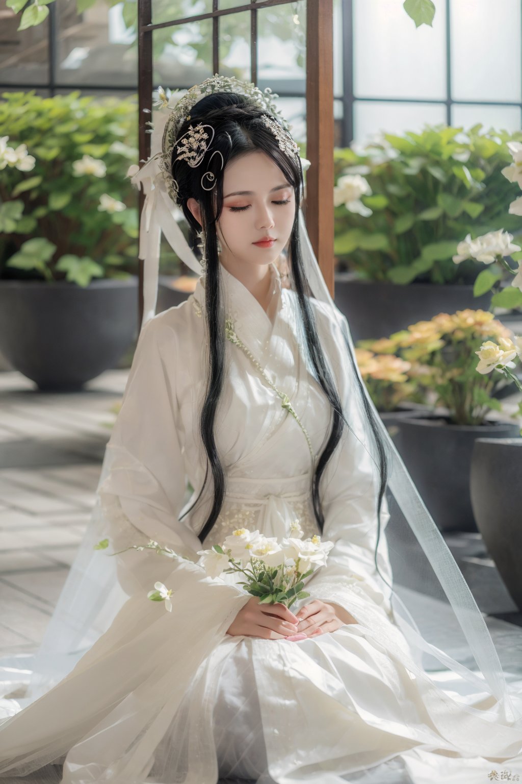 masterpiece,best quality,best quality,Amazing,beautiful detailed,The morning of green courtyard with flourishing flowers and plants in spring,eyes,1girl,finely detail,Depth of field,extremely detailed CG unity 8k wallpaper,bainv,solo,black_hair,long_hair,closed_eyes,sitting,<lora:BN-000008:0.8>,<lora:capricornus_前任回忆录_v1.5:0.5>,