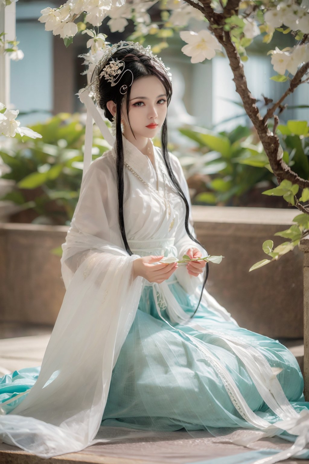 masterpiece,best quality,best quality,Amazing,beautiful detailed,The morning of green courtyard with flourishing flowers and plants in spring,eyes,1girl,finely detail,Depth of field,extremely detailed CG unity 8k wallpaper,full body,(alice),bainv,black_hair,water,red_lips,solo,long_hair,earrings,see-through,<lora:BN-000008:0.9>,<lora:capricornus_前任回忆录_v1.5:0.7>,