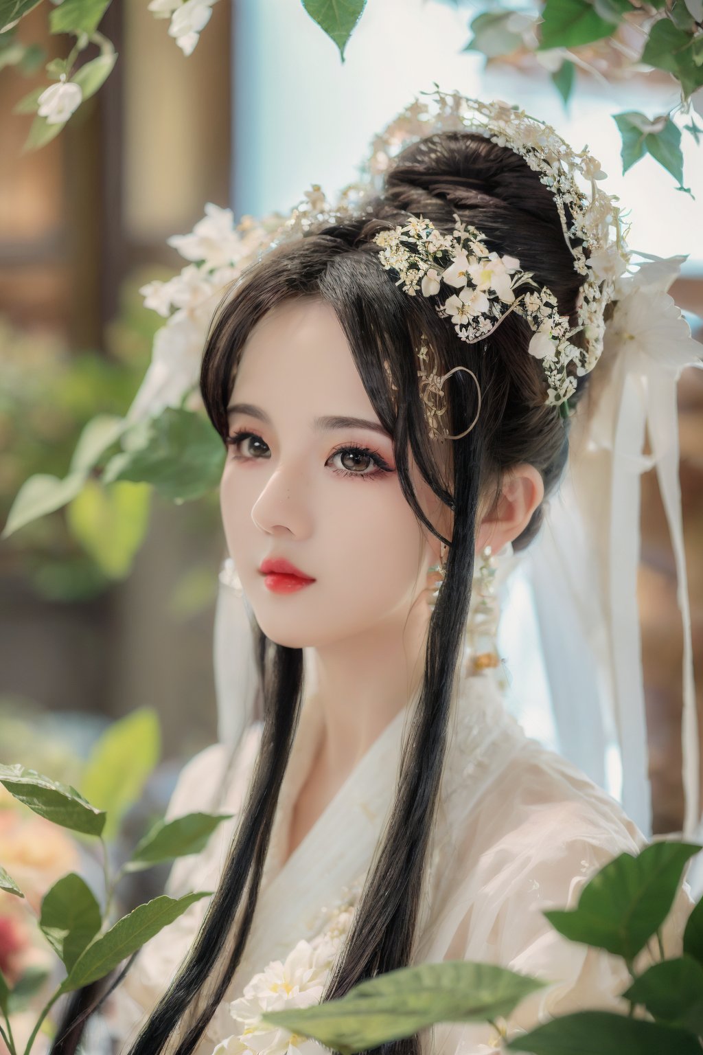 masterpiece,best quality,best quality,Amazing,beautiful detailed,The morning of green courtyard with flourishing flowers and plants in spring,eyes,1girl,finely detail,Depth of field,extremely detailed CG unity 8k wallpaper,bainv,black_hair,water,red_lips,solo,long_hair,earrings,see-through,<lora:BN-000008:0.9>,<lora:capricornus_前任回忆录_v1.5:0.7>,