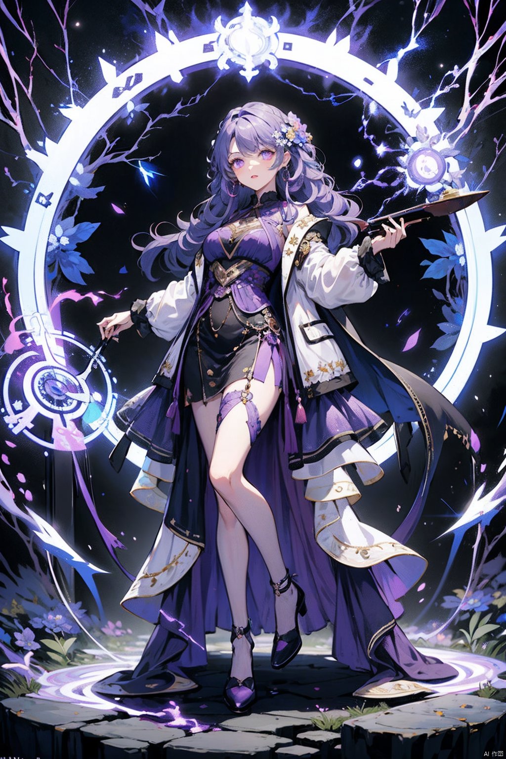 HUBG_Rococo_Style(loanword),

1girl,urple hair, purple eyes, glowing eyes, electricity,Silk stockings, jackets, lightning, Short skirt,Artifacts,purple magic, aura, full body,magic circle, braids,very long hair,hair flowe,tarry sky ,