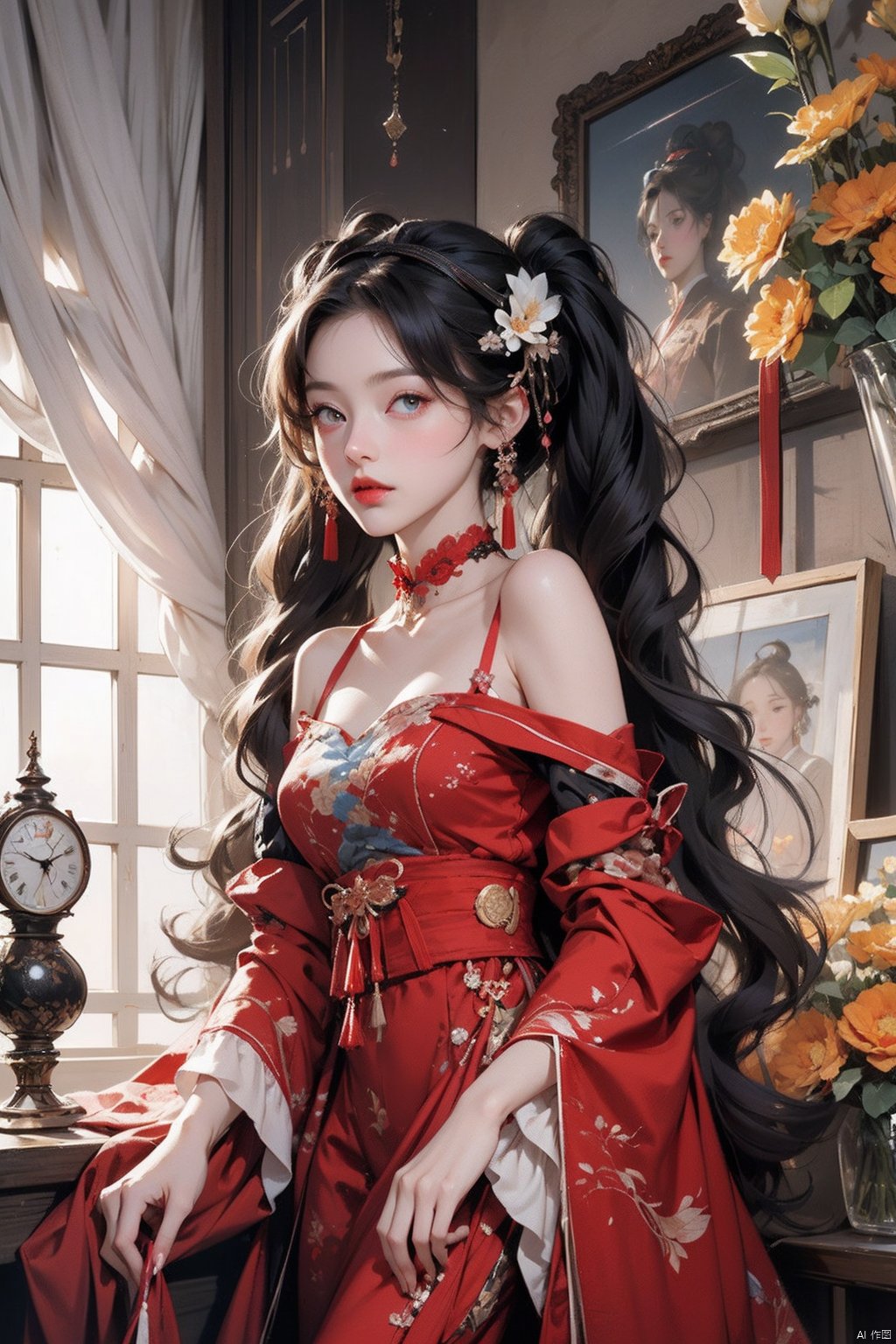 HUBG_Rococo_Style(loanword),

1girl, flower,

(clock eyes), heterochromia, twintails, hairband, red dress, frills, detached sleeves, frilled choker, hanfu,