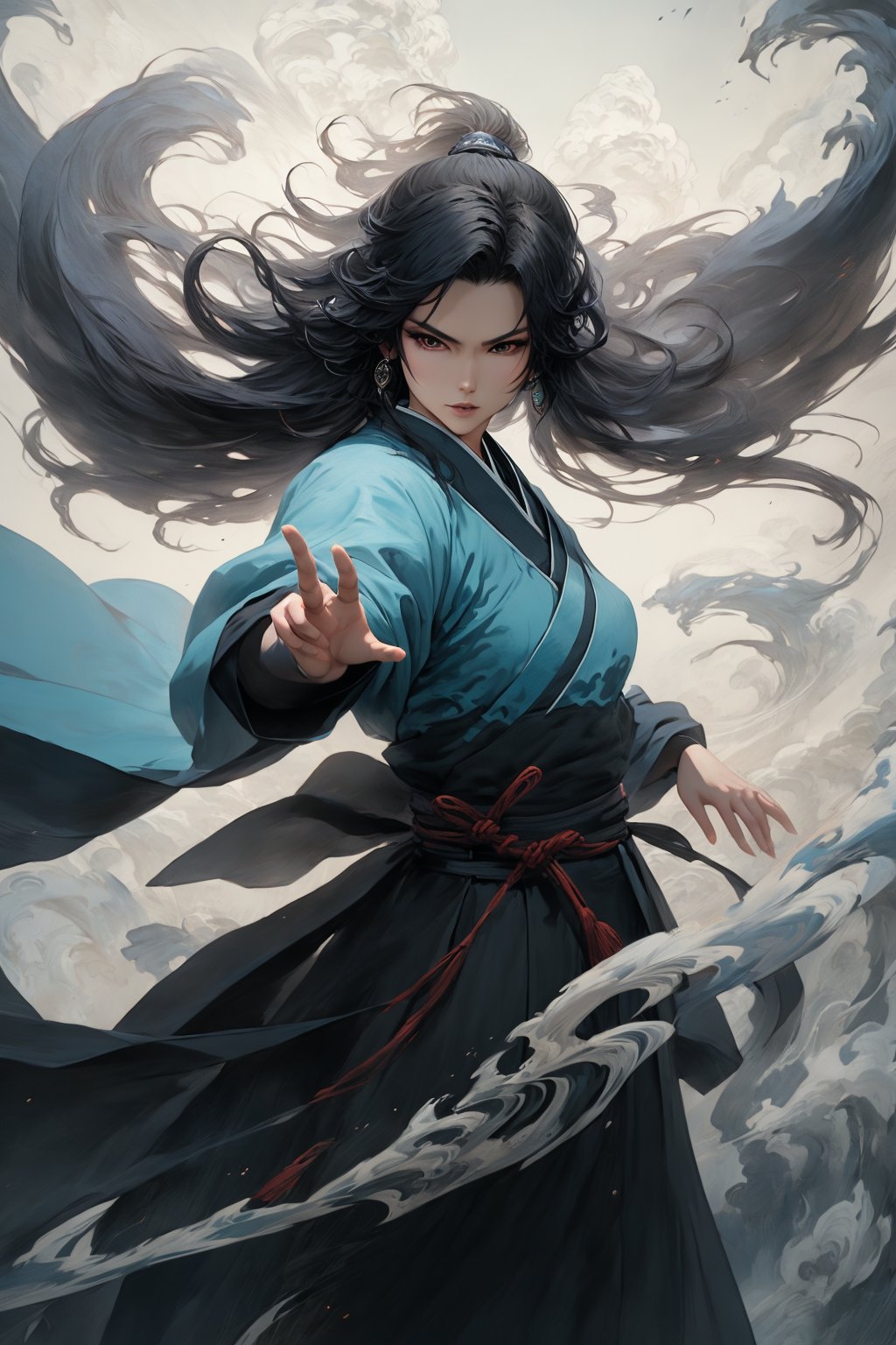 A girl dressed in an ancient mage uniform,Hanfu,handsome,with gestures forming spells,martial arts and fairy tale atmosphere,carrying a sky filled with water vapor,game characters,water waves,surrounded by rotating transparent long scrolls,displaying Chinese characters vertically,magical realism,dynamic action style,magic formation,the best quality,masterpiece,cg,hdr,high-definition,extremely detailed,detailed face,superhero,hero,detailed ultra high-definition,VFX,3D rendering,Taoist rune,Jiang Chen,evil,<lora:mwuxia_20231223183045:0.8>,