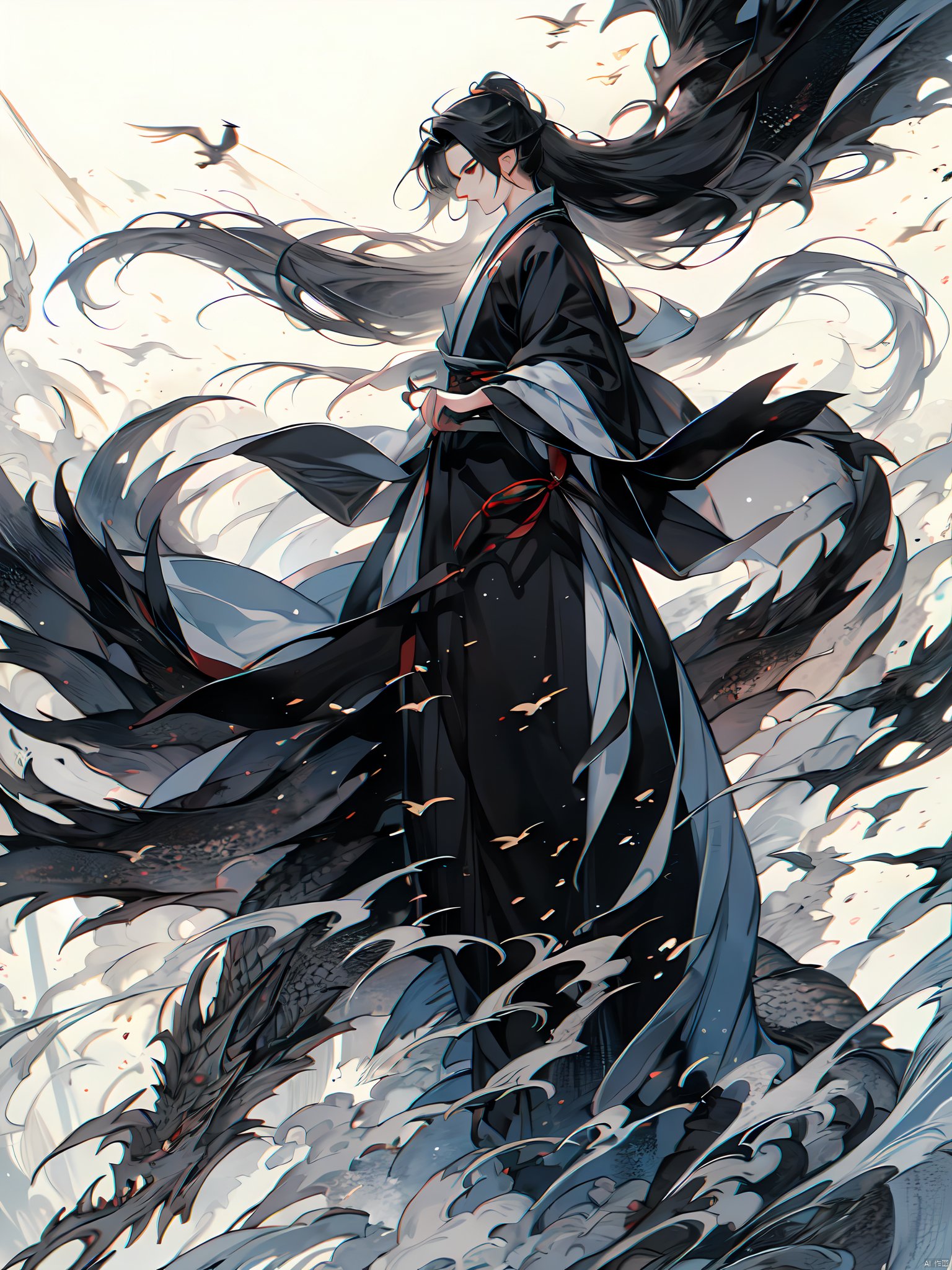  HTTP,HTTP2, 1girl, long hair, black hair, hanfu, waves, eastern dragon, dragon, solo, very long hair, fine art parody, sun, fish 