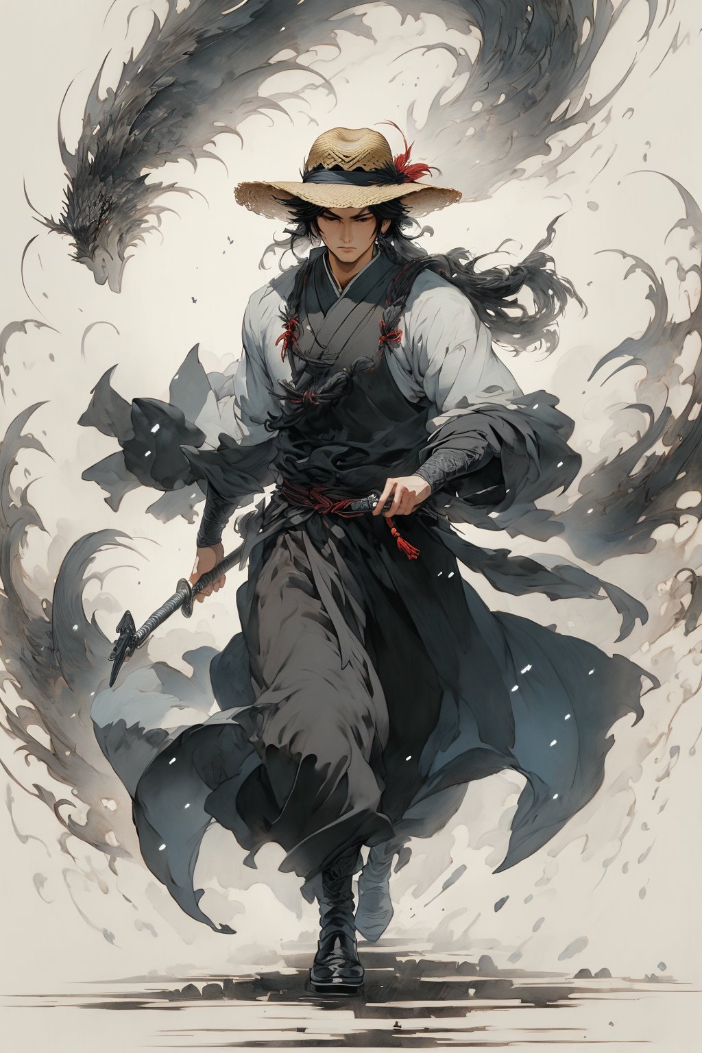 ((masterpiece)),((best quality)),8k,high detailed,Ink painting,Traditional Chinese painting,1 man carrying a Red-tasselled spear,The tip of the gun carries a hoist,With a straw hat,Snowy day,<lora:mwuxia_20231223183045:0.8>,