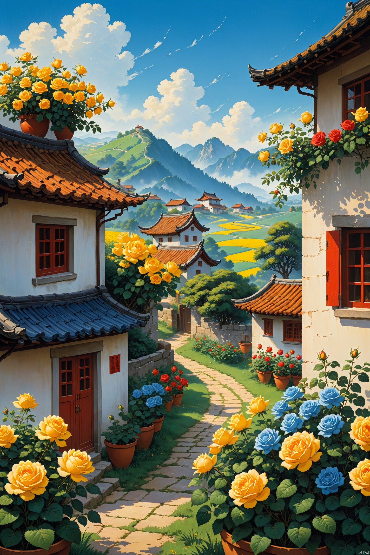  Thick painted Chinese cartoons, farmer paintings, Feng Zikai, textbook illustrations, Eastern poetry and painting, children's illustrations, 1980s illustrations, Swiss small towns, rural vegetable gardens, wells, fences, waterfalls, landscapes, houses, outdoor, sky, windows, plants, sky, grass, clouds, potted plants, trees, doors, flower pots, blue sky, architecture, chimneys, yellow flowers, roses, 24K, masterpieces, the best quality, novel illustration style, depicting rural life, Warm visuals, children's book illustrations, official art, digital painting, meticulous character portrayal, clear facial features, complete fingers, perfect composition,