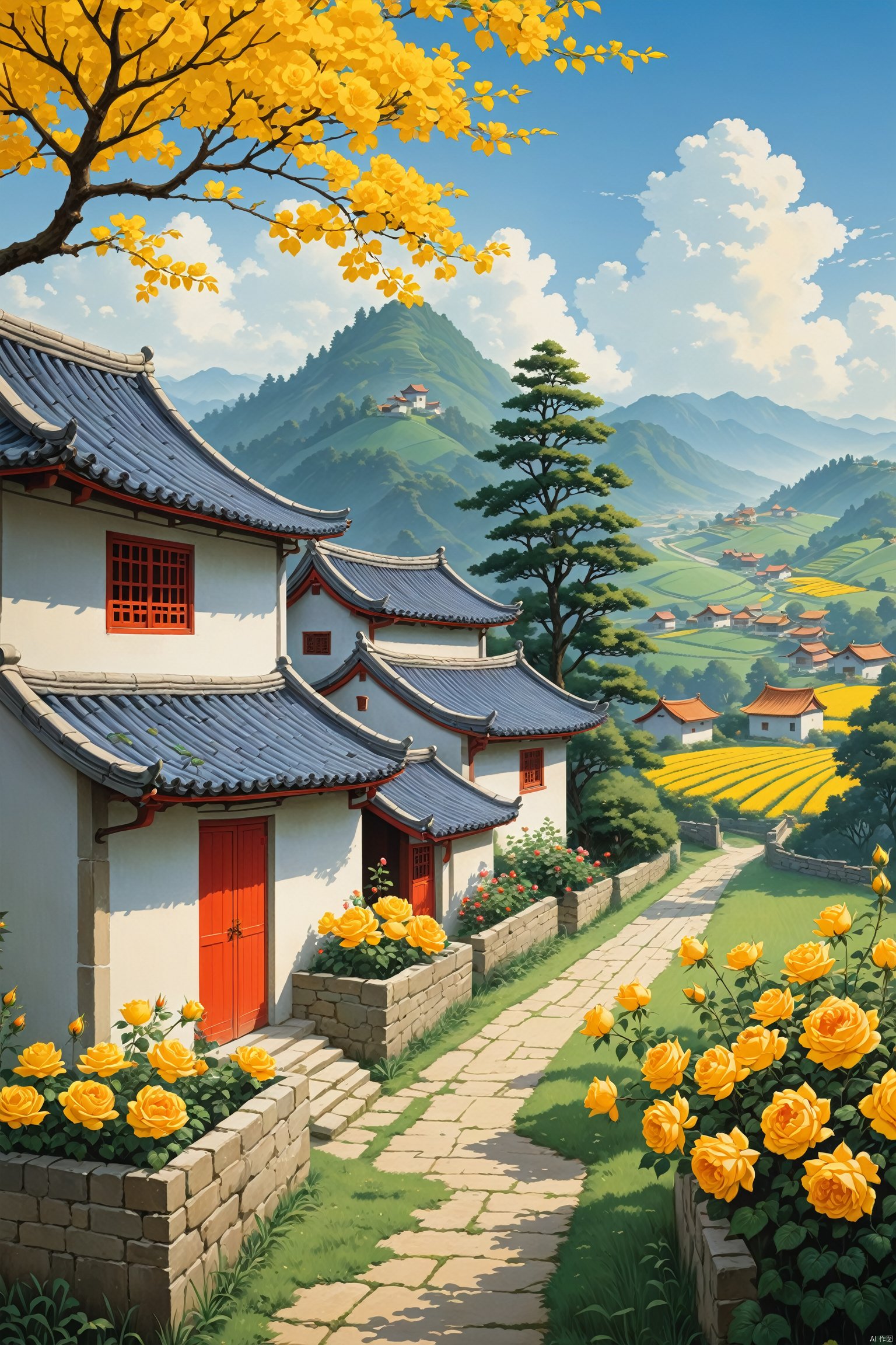  Thick painted Chinese cartoons, farmer paintings, Feng Zikai, textbook illustrations, Eastern poetry and painting, children's illustrations, 1980s illustrations, Swiss small towns, rural vegetable gardens, wells, fences, waterfalls, landscapes, houses, outdoor, sky, windows, plants, sky, grass, clouds, potted plants, trees, doors, flower pots, blue sky, architecture, chimneys, yellow flowers, roses, 24K, masterpieces, the best quality, novel illustration style, depicting rural life, Warm visuals, children's book illustrations, official art, digital painting, meticulous character portrayal, clear facial features, complete fingers, perfect composition,