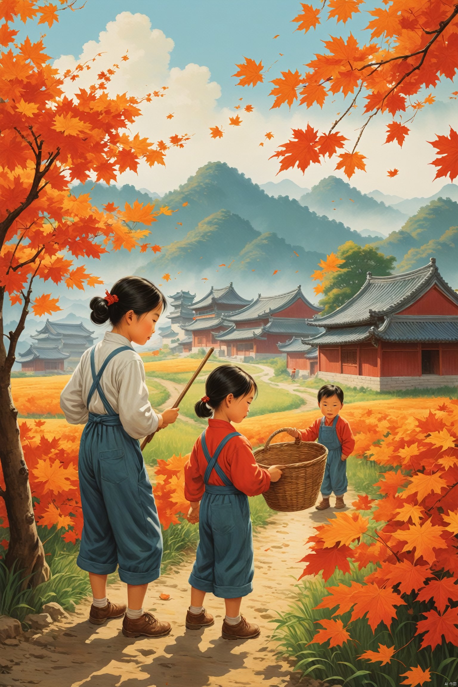  Thick painted national cartoons, farmer paintings, Feng Zikai, textbook illustrations, Eastern poetry and painting, children's illustrations, 1980s illustrations, China, rural areas, during the Republic of China era, in the fields where maple leaves fall, boys and girls, a group of children, playing in the fields, masterpieces, the best quality, novel illustration style, depicting rural life, warm scenes, children's book illustrations, official art, digital painting, fine character portrayal, Clear facial features, complete fingers, perfect composition,