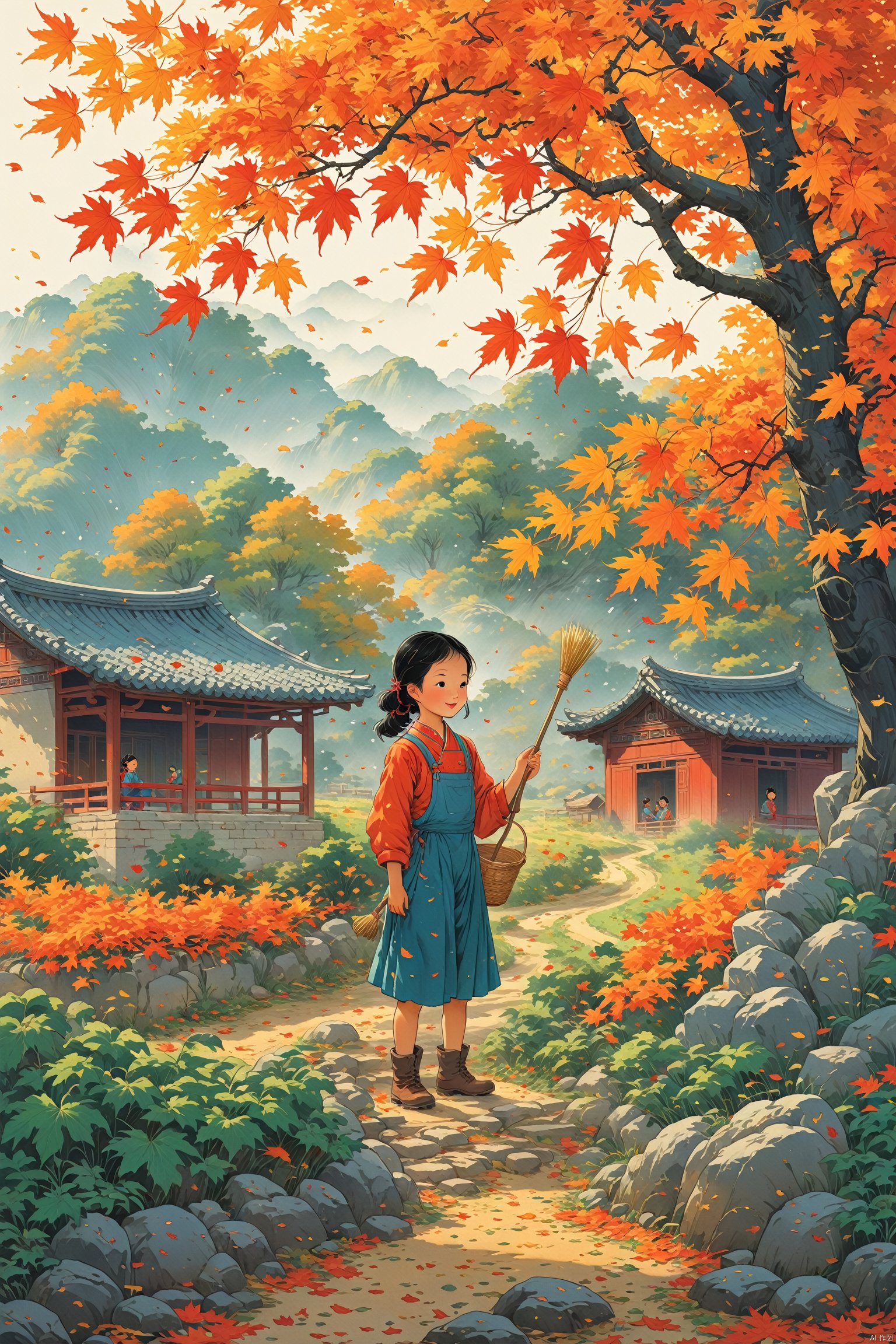 Thick painted national cartoons, farmer paintings, Feng Zikai, textbook illustrations, Eastern poetry and painting, children's illustrations, 1980s illustrations, China, rural areas, during the Republic of China era, in the fields where maple leaves fall, boys and girls, a group of children, playing in the fields, masterpieces, the best quality, novel illustration style, depicting rural life, warm scenes, children's book illustrations, official art, digital painting, fine character portrayal, Clear facial features, complete fingers, perfect composition,