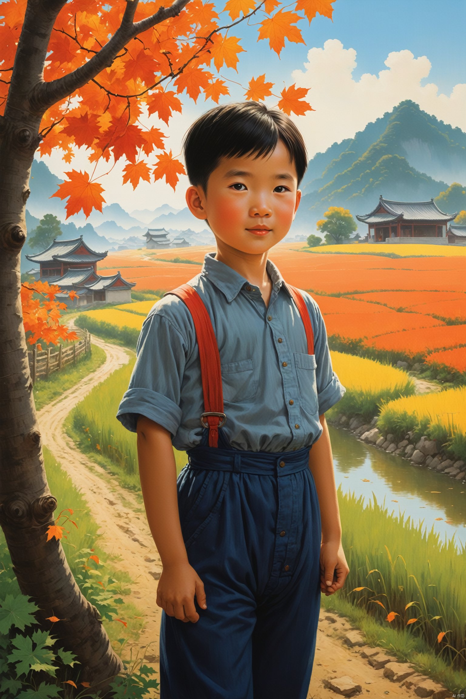  Thick painted national cartoons, farmer paintings, Feng Zikai, textbook illustrations, Eastern poetry and painting, children's illustrations, 1980s illustrations, China, rural areas, during the Republic of China era, in the fields where maple leaves fall, boys and girls, a group of children, playing in the fields, masterpieces, the best quality, novel illustration style, depicting rural life, warm scenes, children's book illustrations, official art, digital painting, fine character portrayal, Clear facial features, complete fingers, perfect composition,