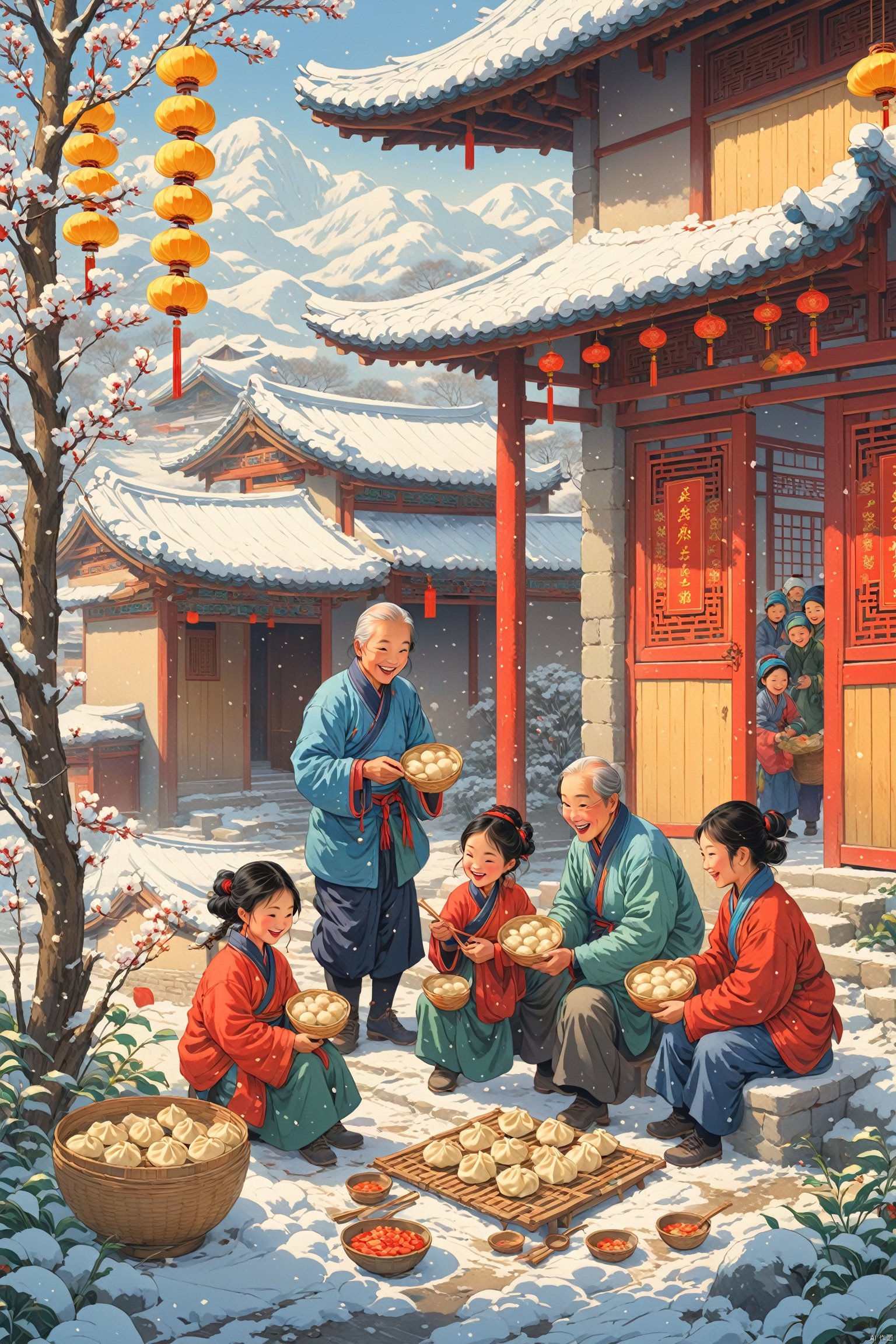  Thick painted national cartoons, farmer paintings, Feng Zikai, textbook illustrations, Eastern poetry and painting, illustrations from the Republic of China era, rural China, winter, family in the yard, adults making dumplings, posting Spring Festival couplets, grandpa and grandma sitting at the entrance, and a group of children laughing happily, playing childhood games, extremely lively, children wearing thick cotton clothes, cotton hats, scarves, exquisite pictures, perfect composition, masterpiece, The best quality, novel illustration style, depicting rural life, warm scenes, children's book illustrations, official art, digital painting, fine character portrayal, clear facial features, complete fingers, perfect composition, BJ_Sacred_beast_Illustration